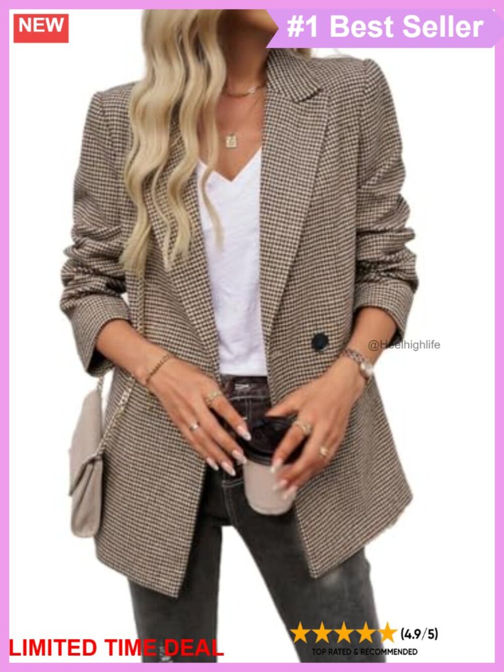 Womens Houndstooth Plaid Blazer Open Front Long Sleeve Notch Lapel Business